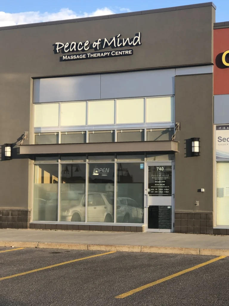 The Peace of Mind Massage Therapy Centre storefront at 1110 Panatella Blvd NW, Calgary