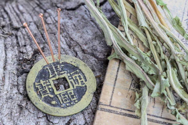 Acupuncture needles laid beside an antique Chinese coin