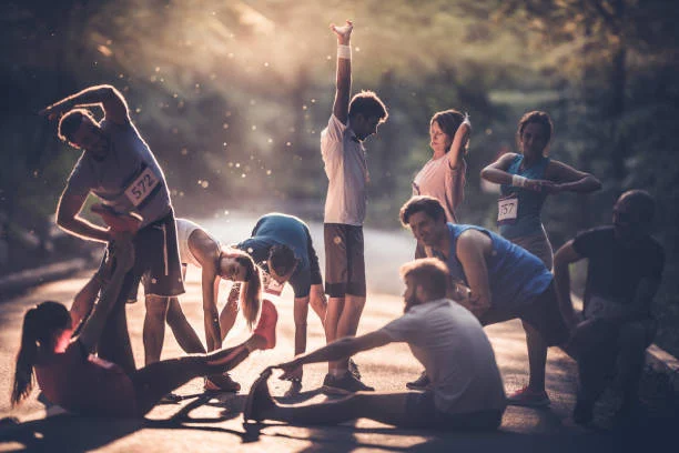 A group stretching outdoors with arms raised at sunset