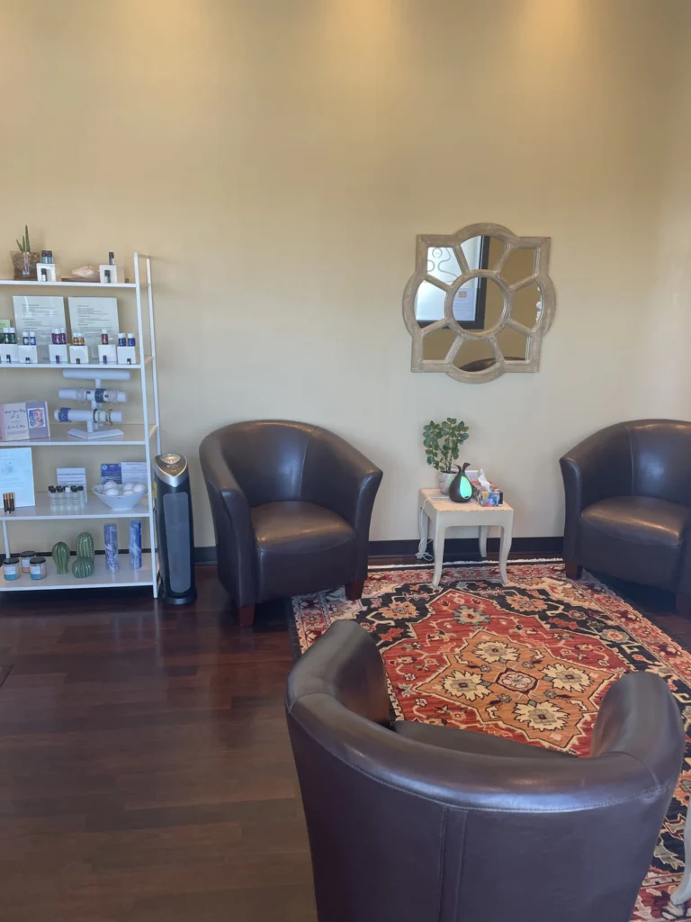 The waiting area at Peace of Mind Massage Therapy Centre in Panorama Hills, Calgary